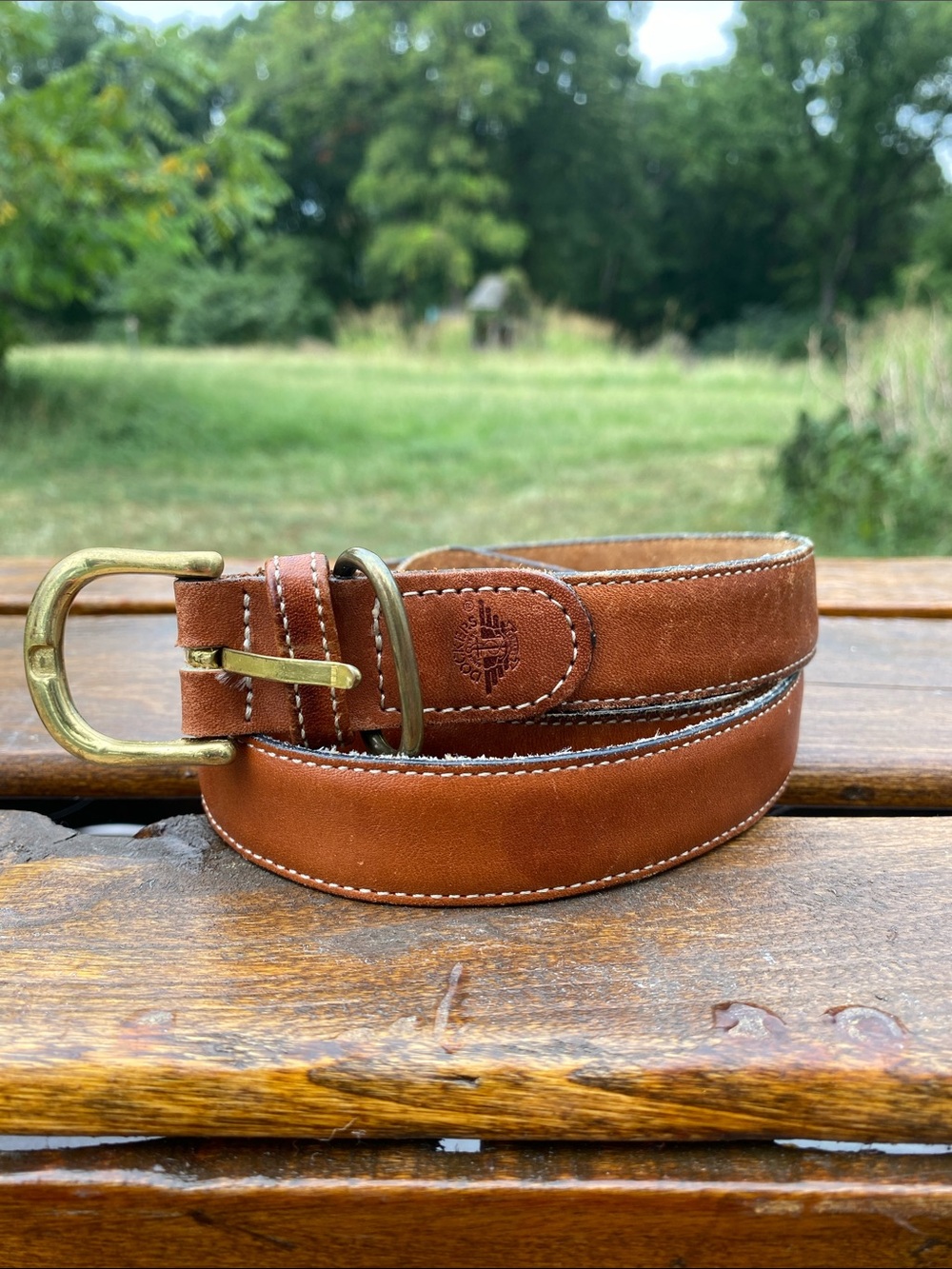 Dockers Mens 42 X 7/8" Luggage Tan Leather Belt Gold Tone Buckle